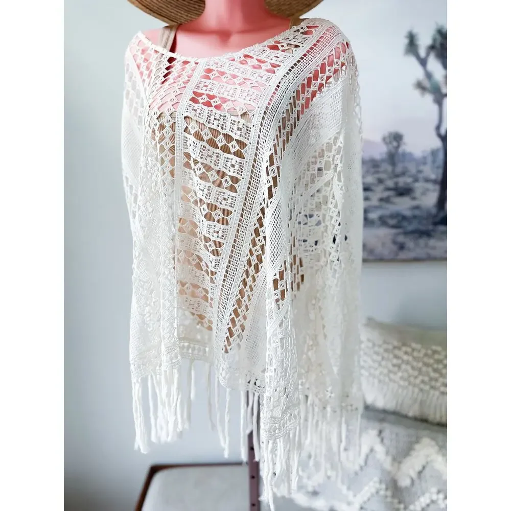 New boutique crochet knit slouchy layering fringed poncho coverup OS